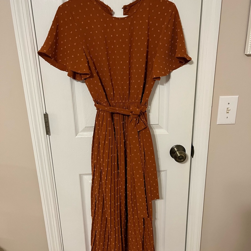 Elegant Rust Brown Women's Dress with Swiss Dots